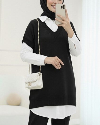 V Yaka Oversize Triko Süveter -Siyah