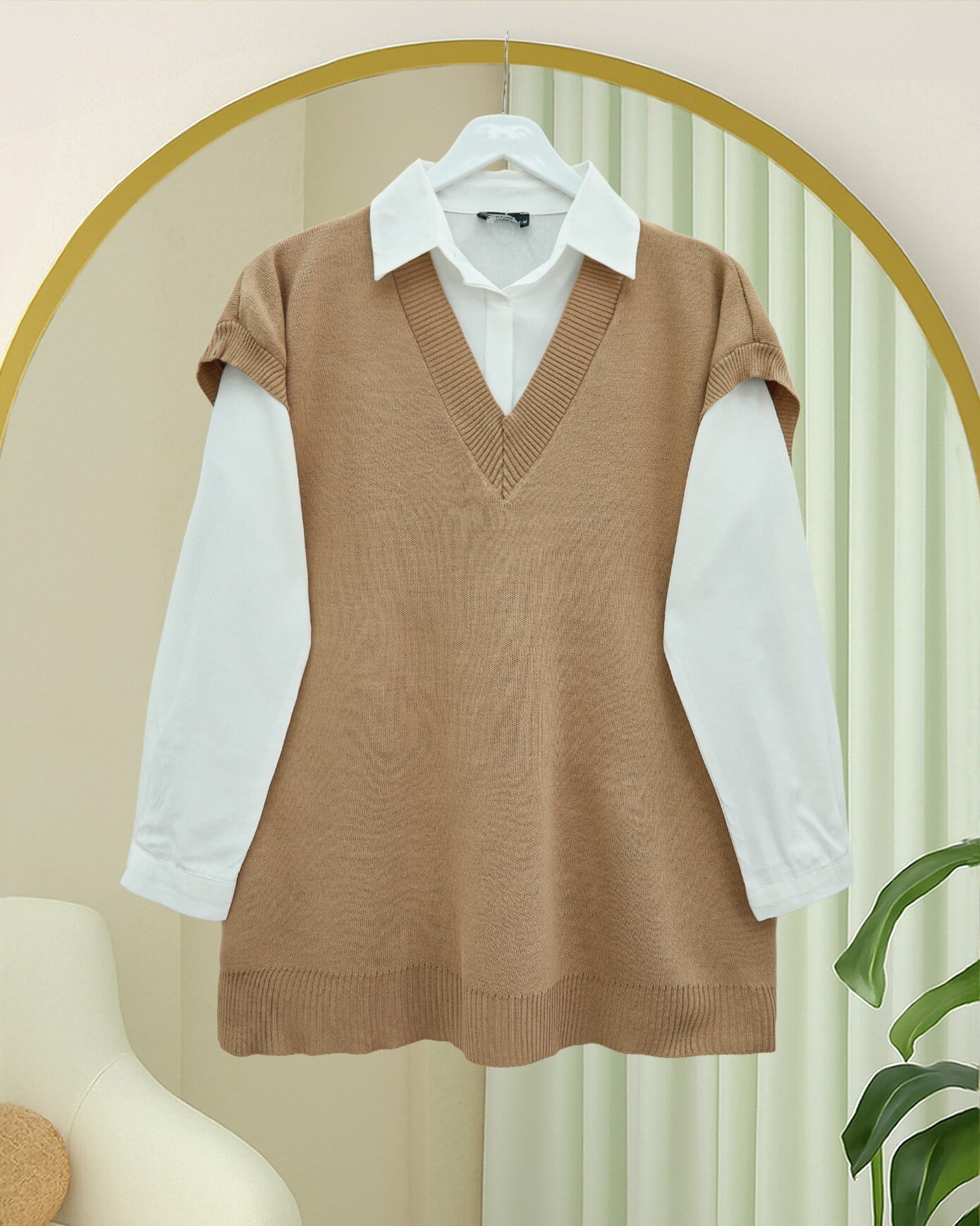 V Yaka Oversize Triko Süveter -Vizon
