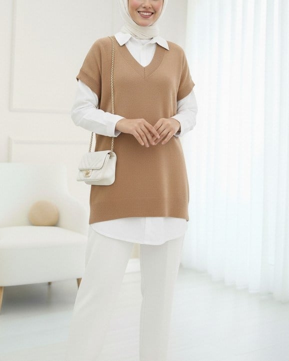 V Yaka Oversize Triko Süveter -Vizon