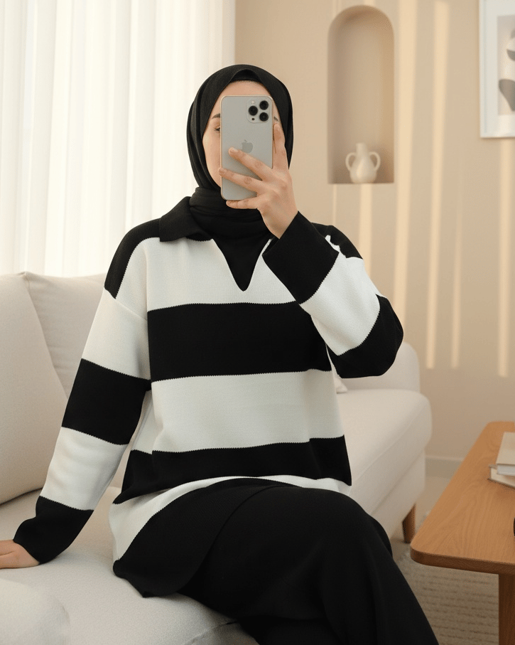 V Yaka Pantolonlu Triko Takım -Siyah
