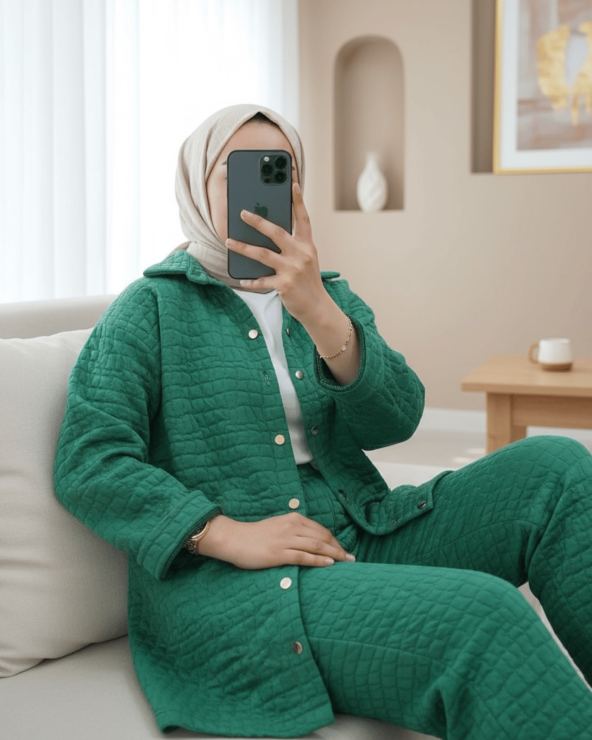Yakalı Boydan Düğmeli Kapitone Takım -Yeşil