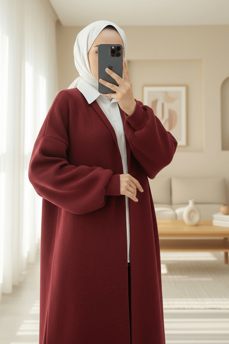 Yakalı Uzun Salaş Yumoş Hırka -Bordo