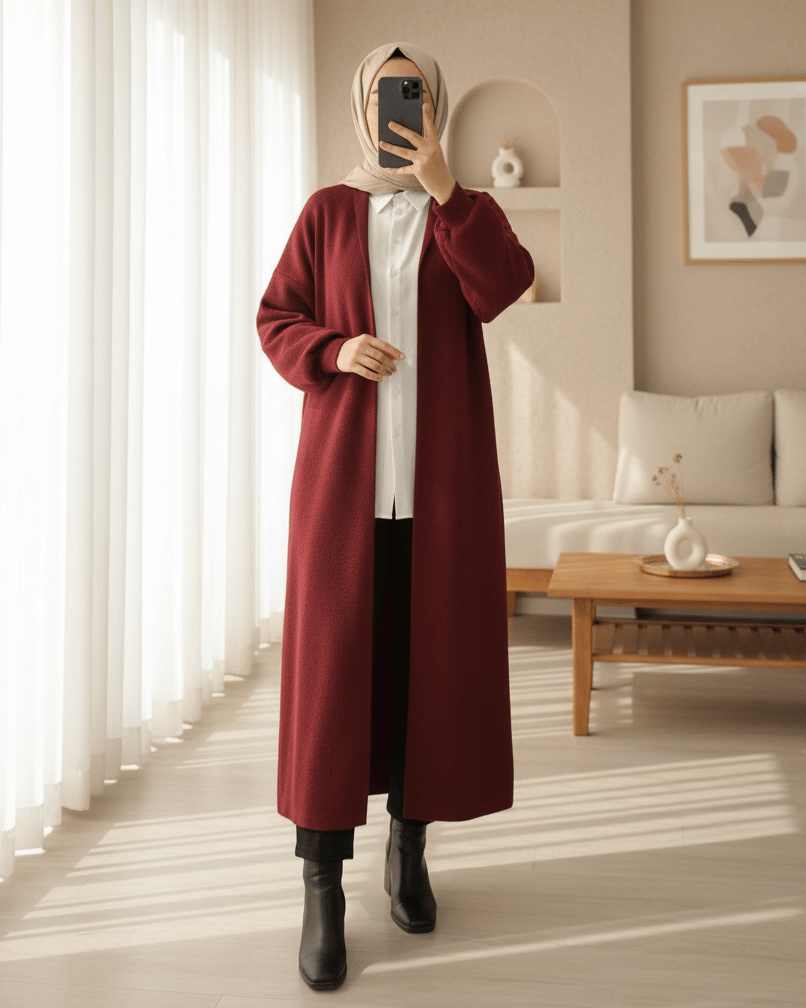 Yakalı Uzun Salaş Yumoş Hırka -Bordo