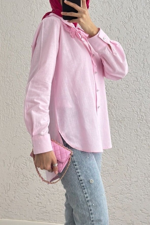 Yakalık Detaylı Arkası Uzun Düğmeli Gömlek -Pembe