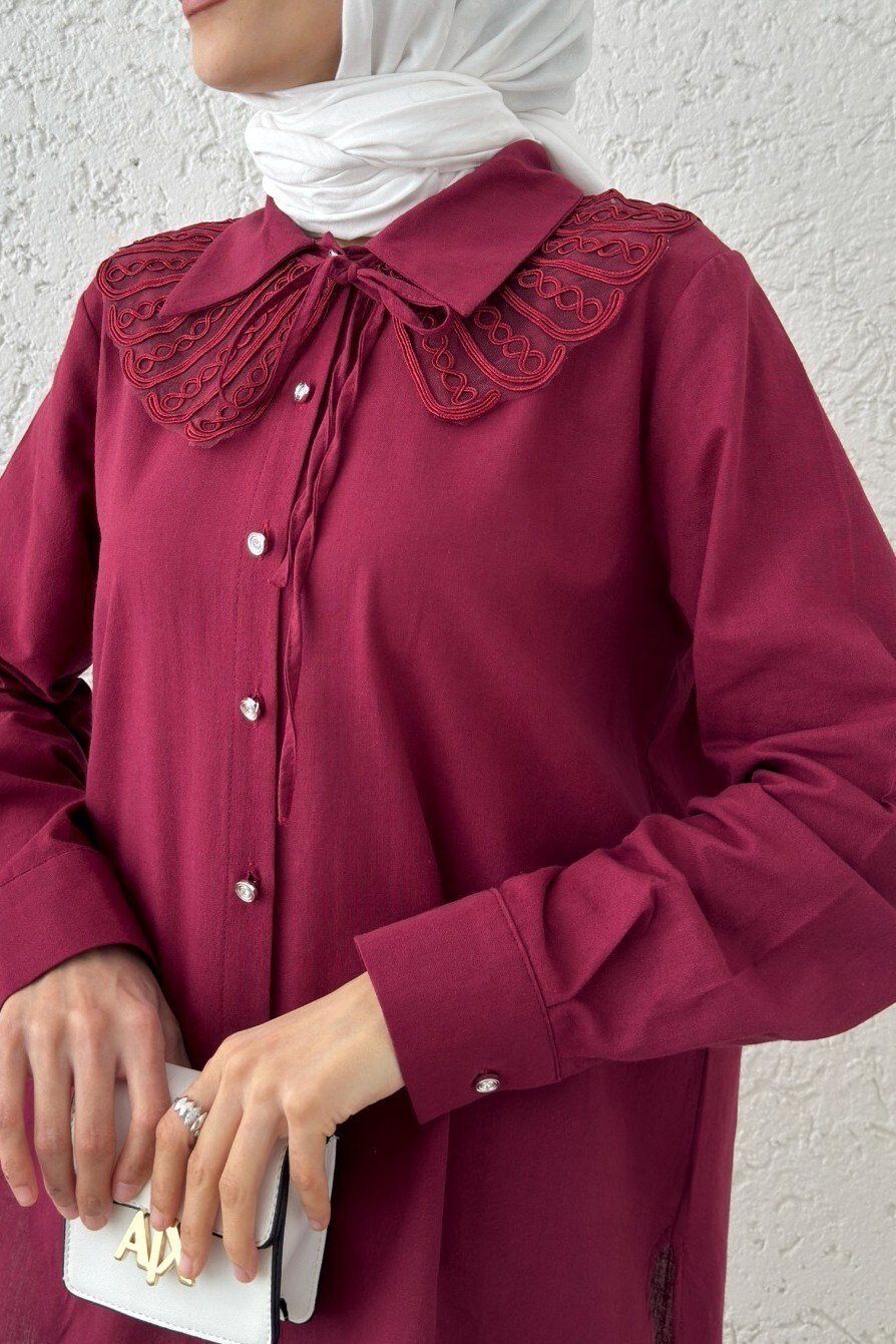 Yakalık Detaylı Arkası Uzun Düğmeli Gömlek -Bordo