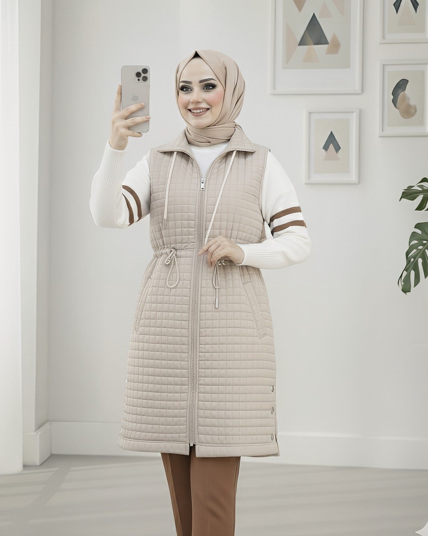 Yakası Bağcıklı Beli Lastikli Cepli Kapitone Yelek -Taş