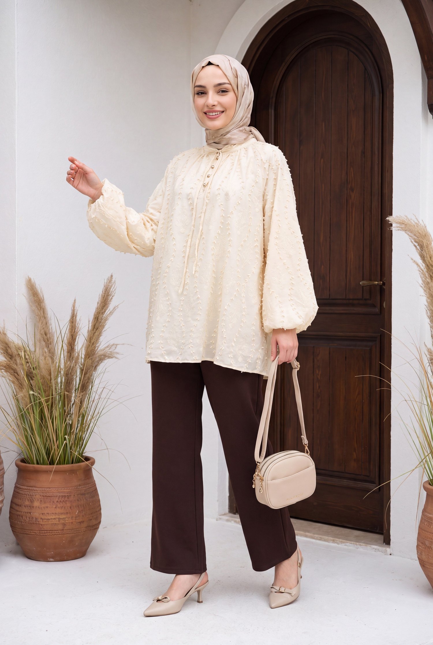 Yakası Bağcıklı Düğmeli Astarlı Nakışlı Oversize Keten Tunik -Sarı