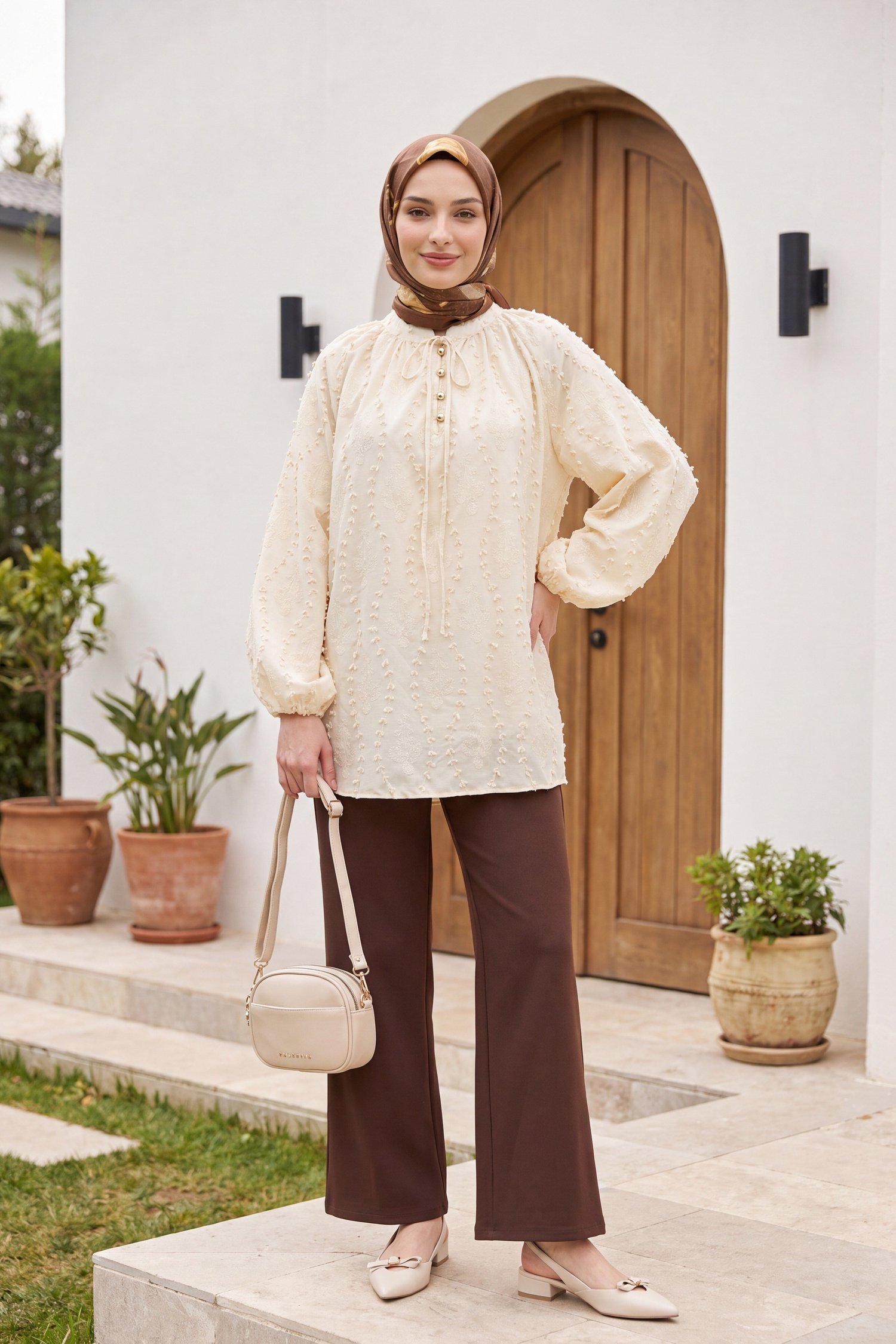 Yakası Bağcıklı Düğmeli Astarlı Nakışlı Oversize Keten Tunik -Sarı