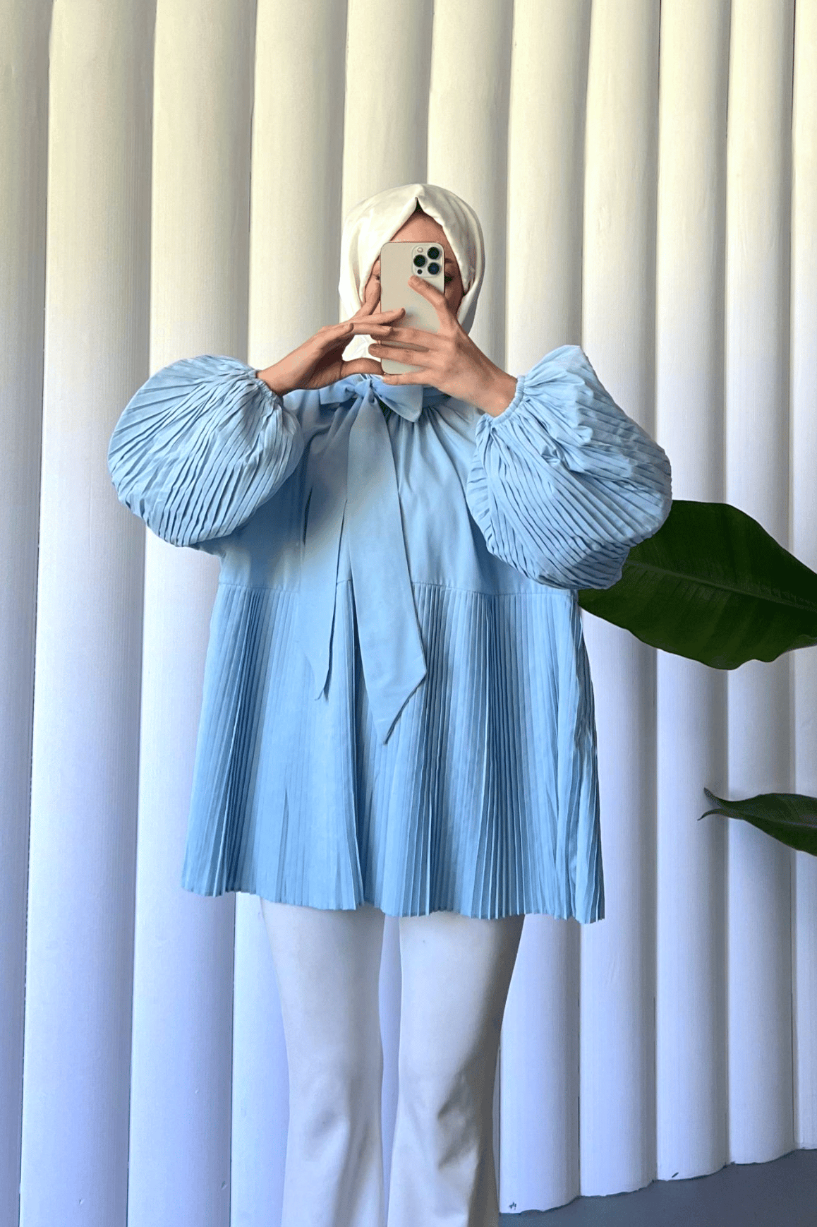 Yakası Bağcıklı Kolları ve Eteği Pliseli Tunik -Bebe Mavi