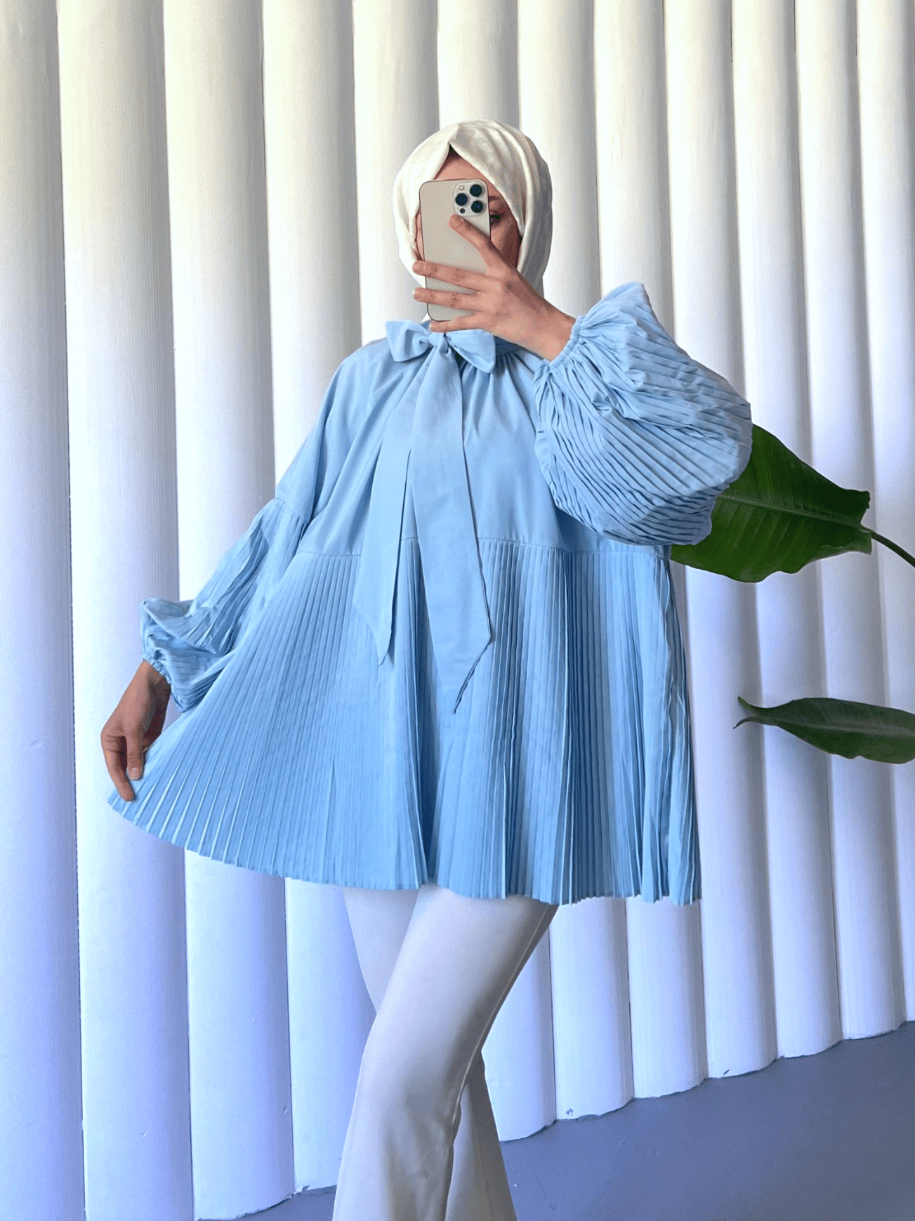 Yakası Bağcıklı Kolları ve Eteği Pliseli Tunik -Bebe Mavi