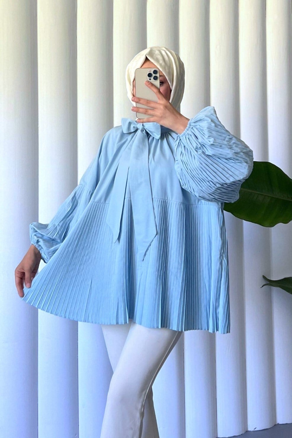 Yakası Bağcıklı Kolları ve Eteği Pliseli Tunik -Bebe Mavi