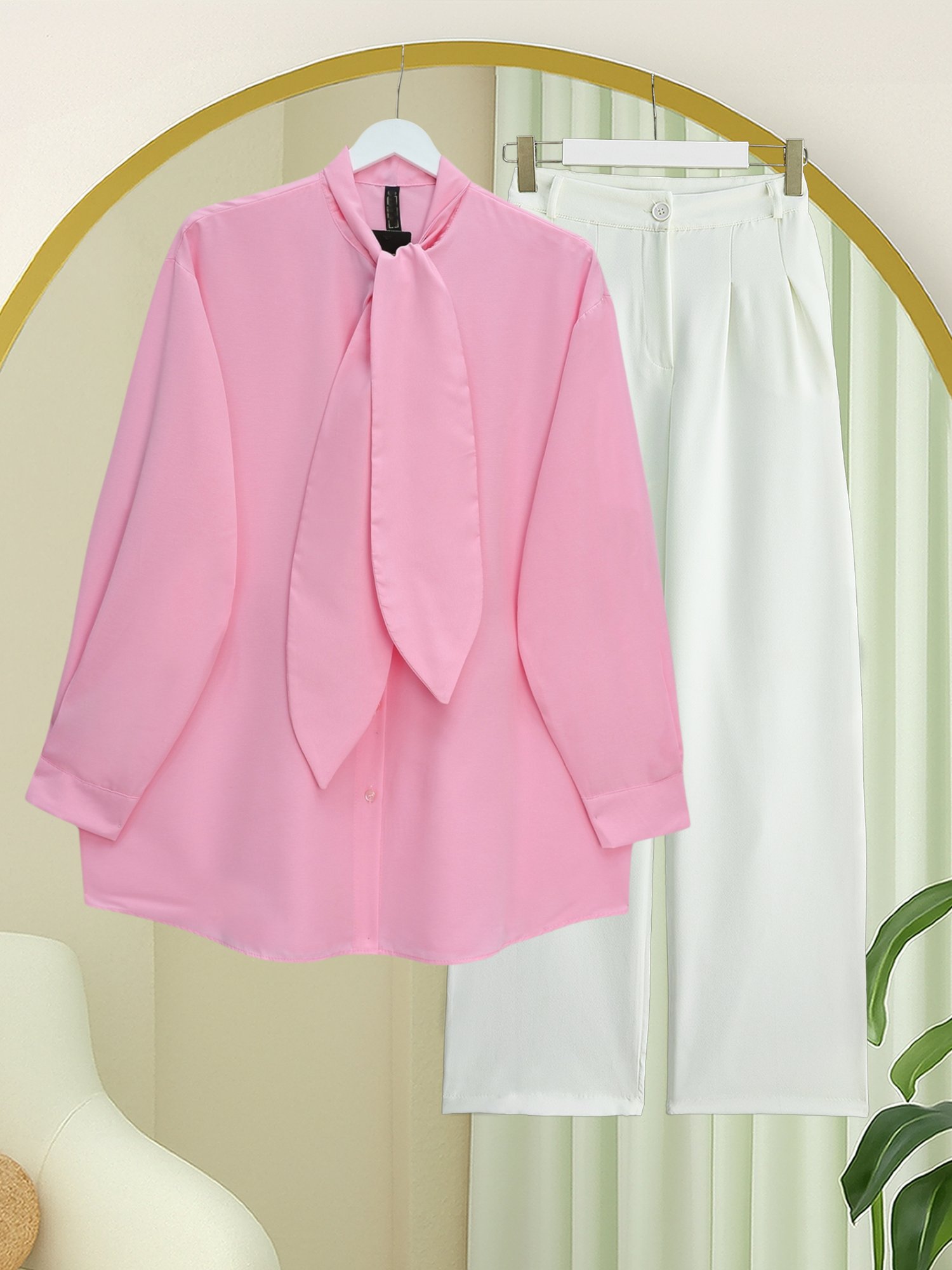 Yakası Bağlamalı Düğmeli Oversize Poplin Gömlek  -Pembe