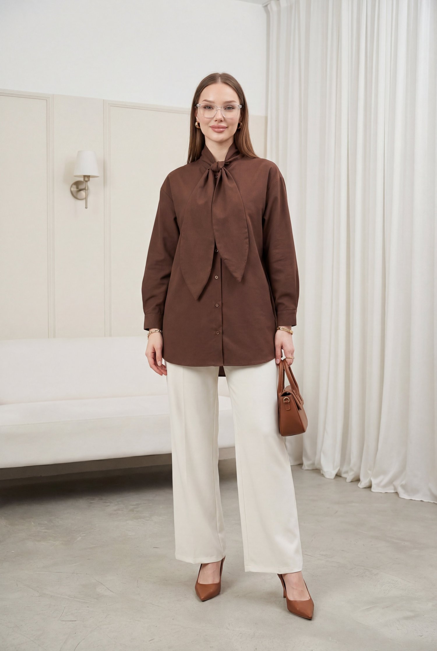Yakası Bağlamalı Düğmeli Oversize Poplin Gömlek  -Kahve