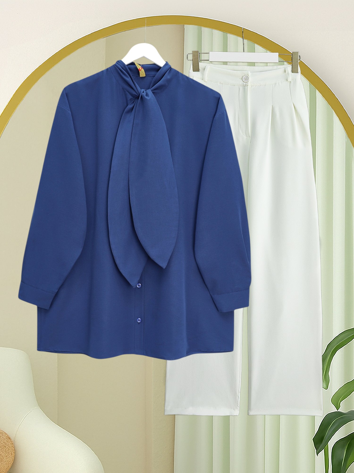 Yakası Bağlamalı Düğmeli Oversize Poplin Gömlek  -Laci