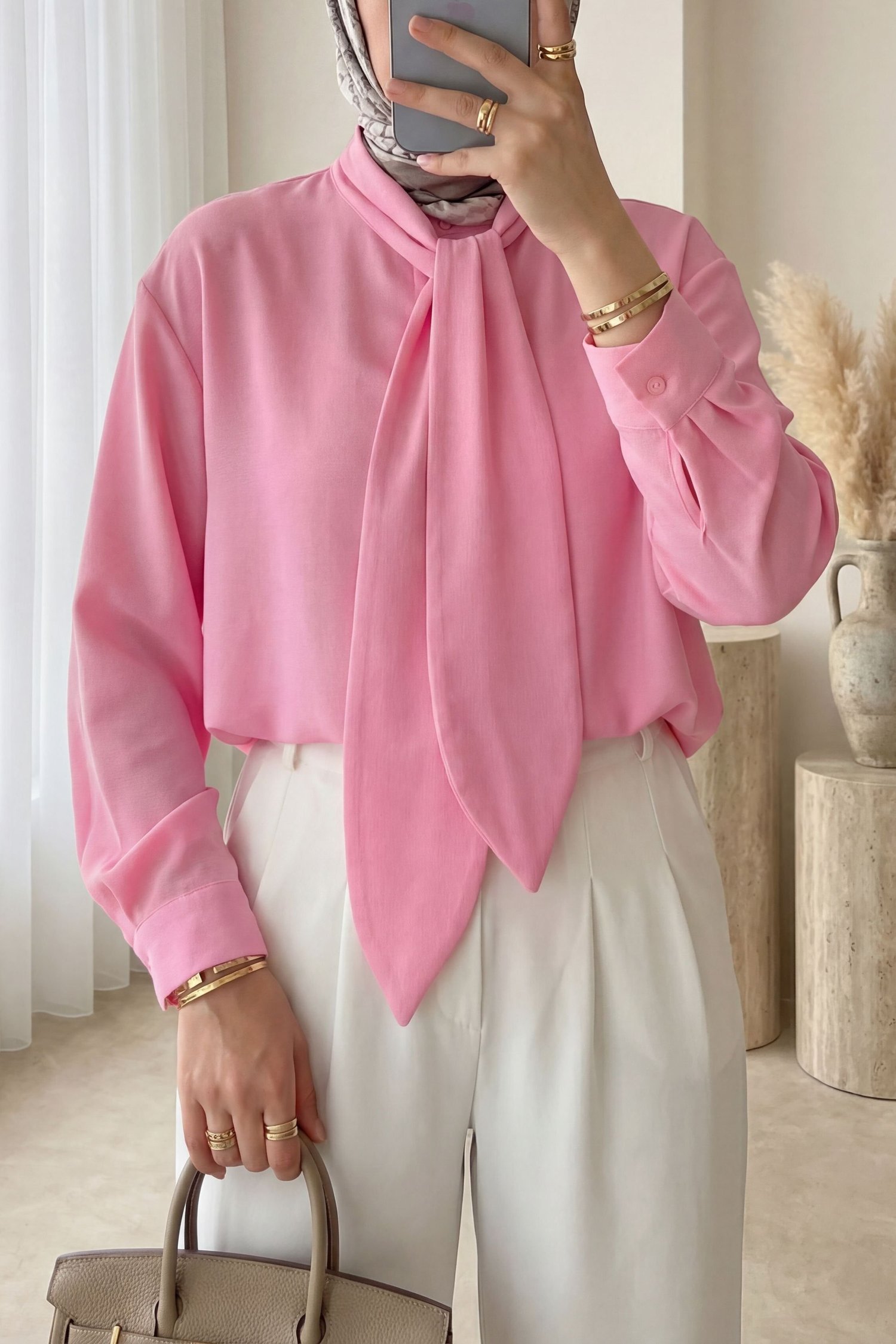 Yakası Bağlamalı Düğmeli Oversize Poplin Gömlek  -Pembe