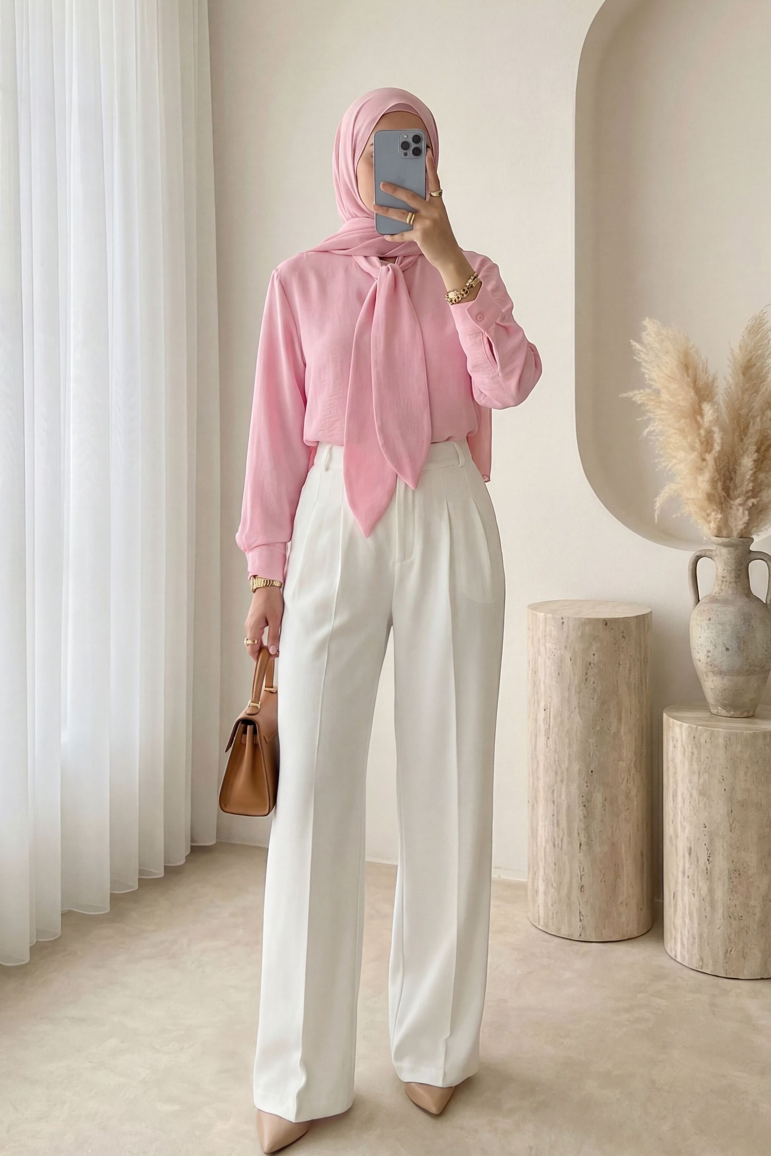 Yakası Bağlamalı Düğmeli Oversize Poplin Gömlek  -Pembe