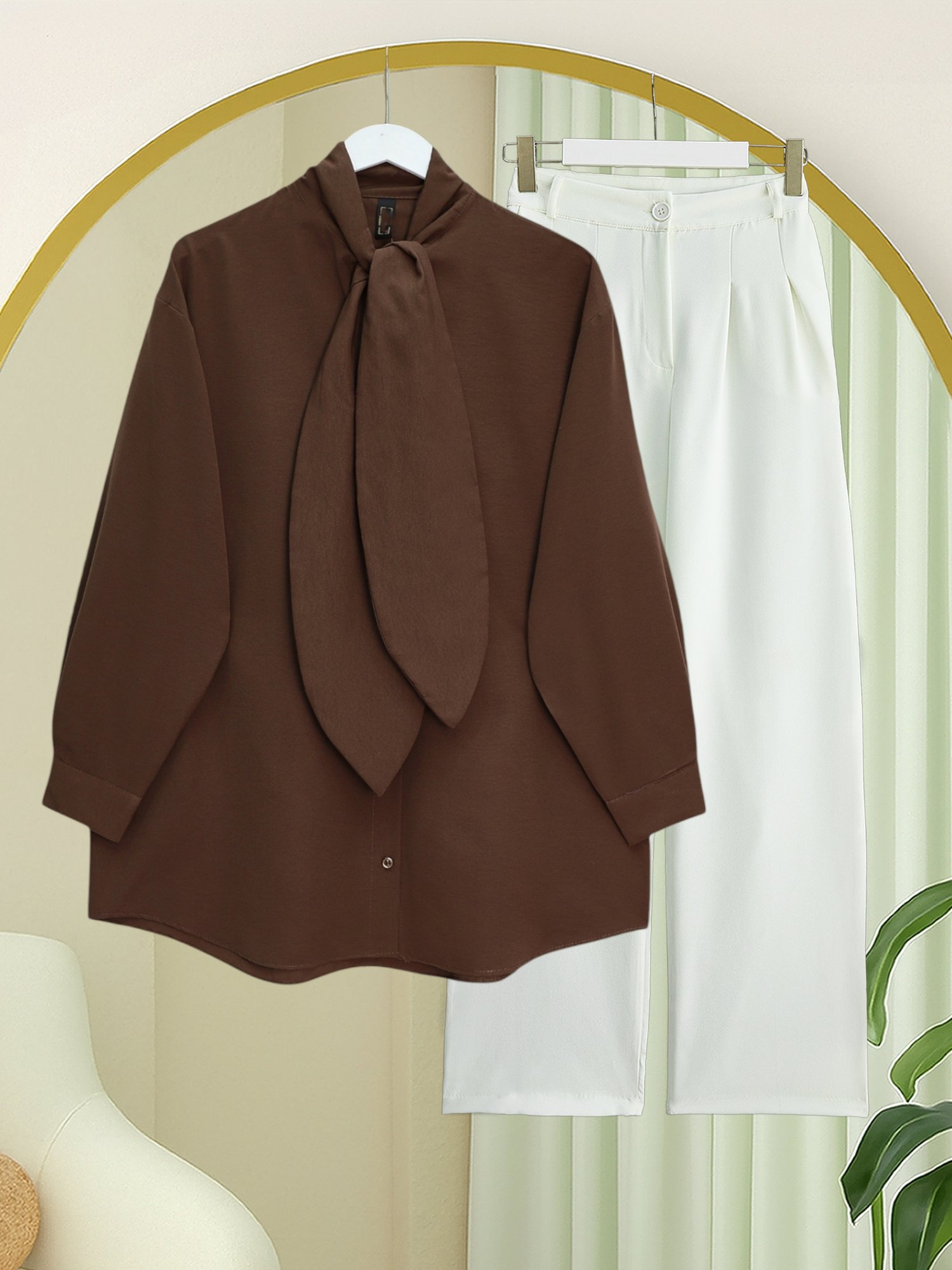 Yakası Bağlamalı Düğmeli Oversize Poplin Gömlek  -Kahve
