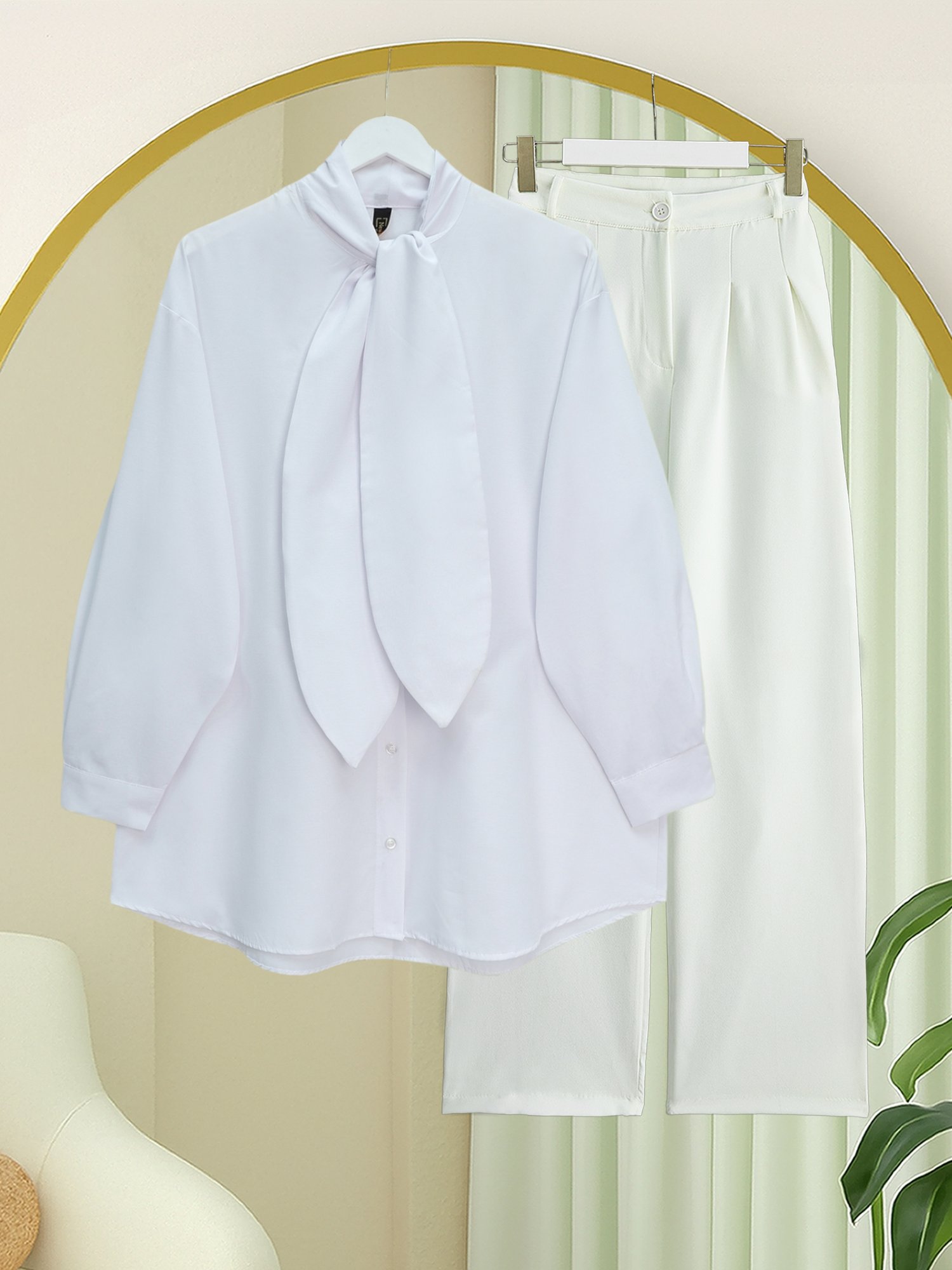Yakası Bağlamalı Düğmeli Oversize Poplin Gömlek  -Beyaz