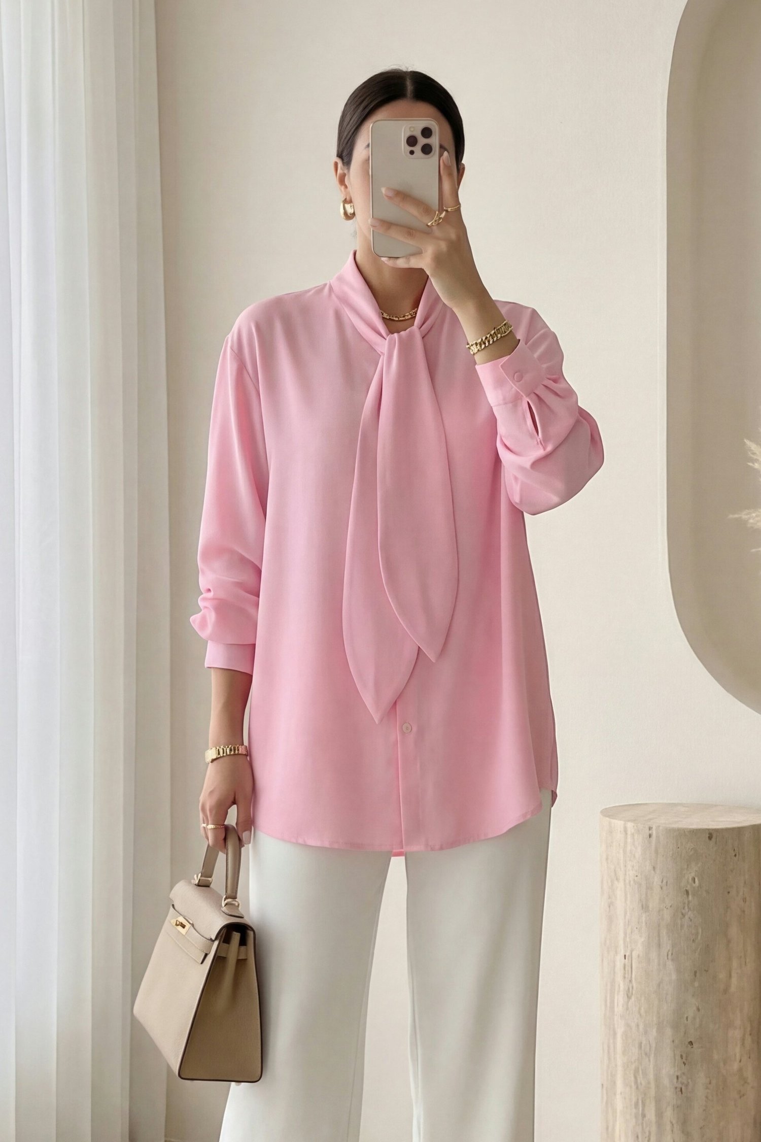 Yakası Bağlamalı Düğmeli Oversize Poplin Gömlek  -Pembe