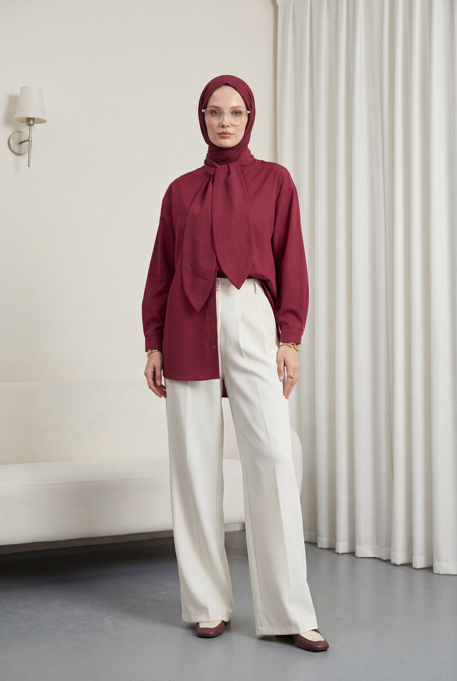 Yakası Bağlamalı Düğmeli Oversize Poplin Gömlek -Bordo