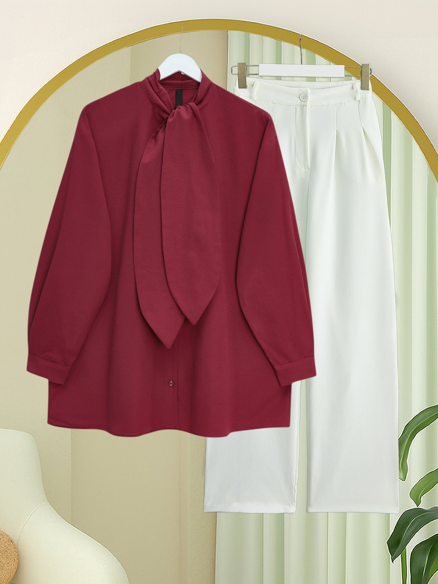 Yakası Bağlamalı Düğmeli Oversize Poplin Gömlek -Bordo