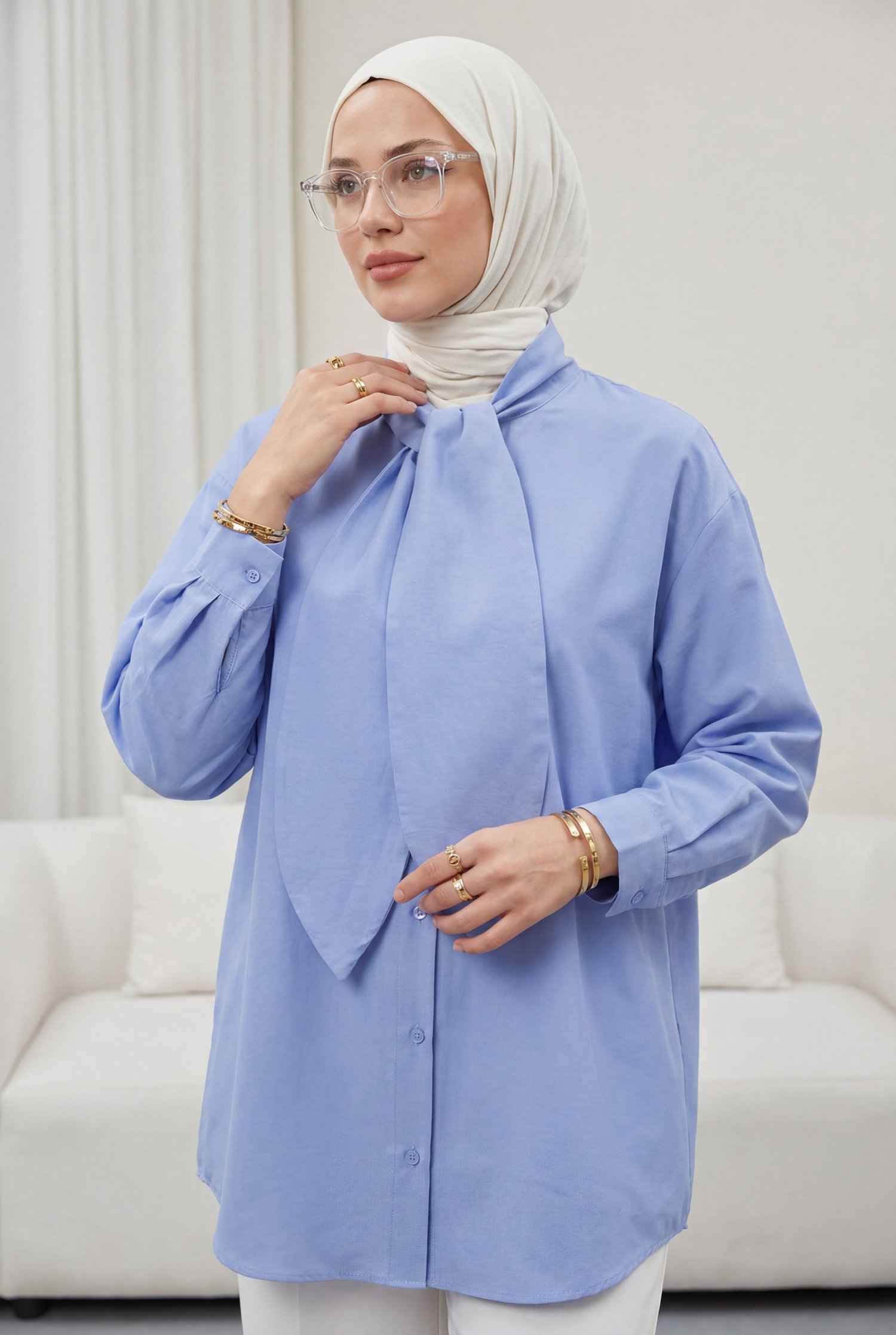 Yakası Bağlamalı Düğmeli Oversize Poplin Gömlek -Bebe Mavi