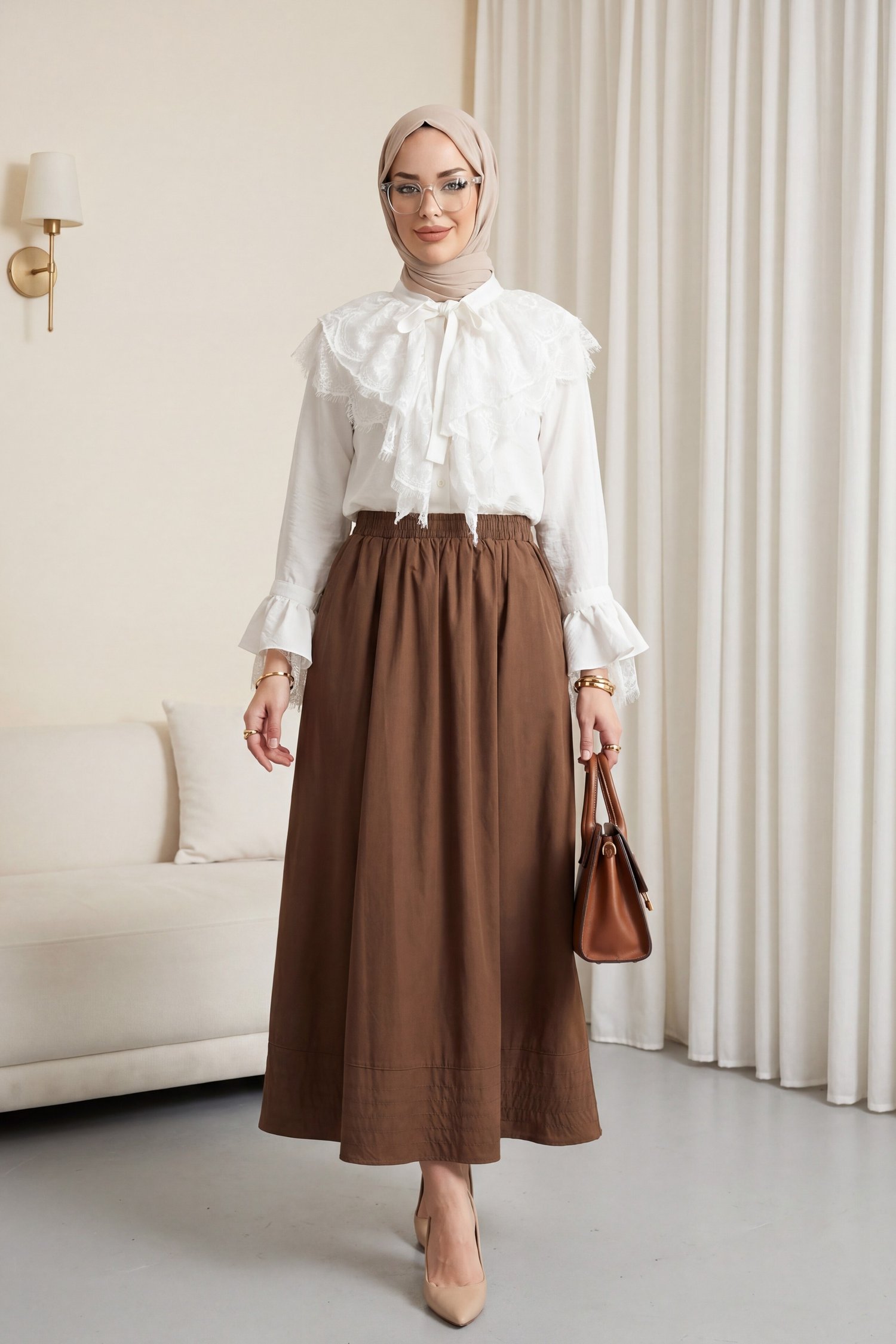 Yakası Bağlamalı Güpür Dantelli Kolları Volanlı Cupra Ayrobin Gömlek  -Beyaz