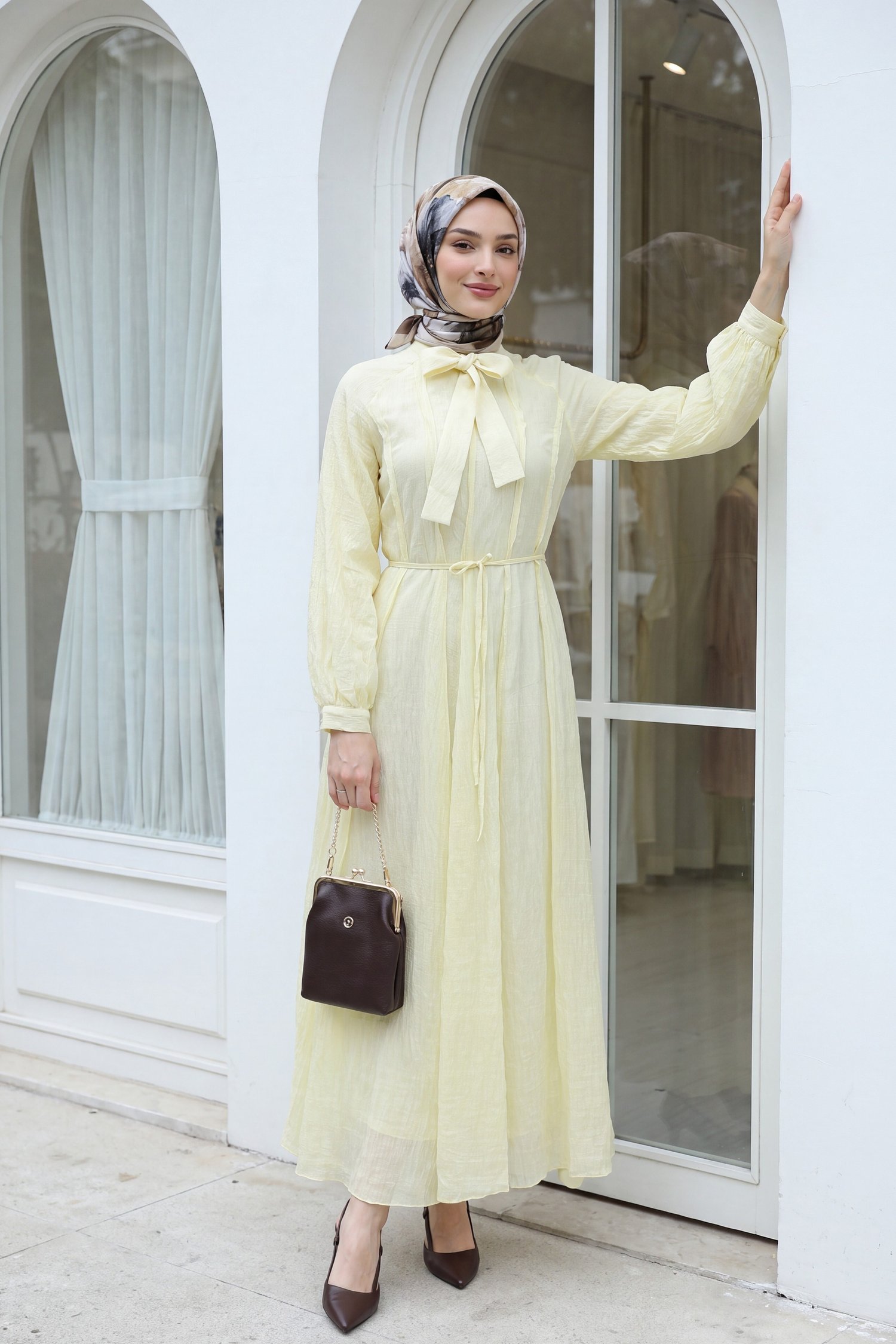 Yakası Bağlamalı Kemerli Astarlı Reglan Kol Elbise -Açık Sarı