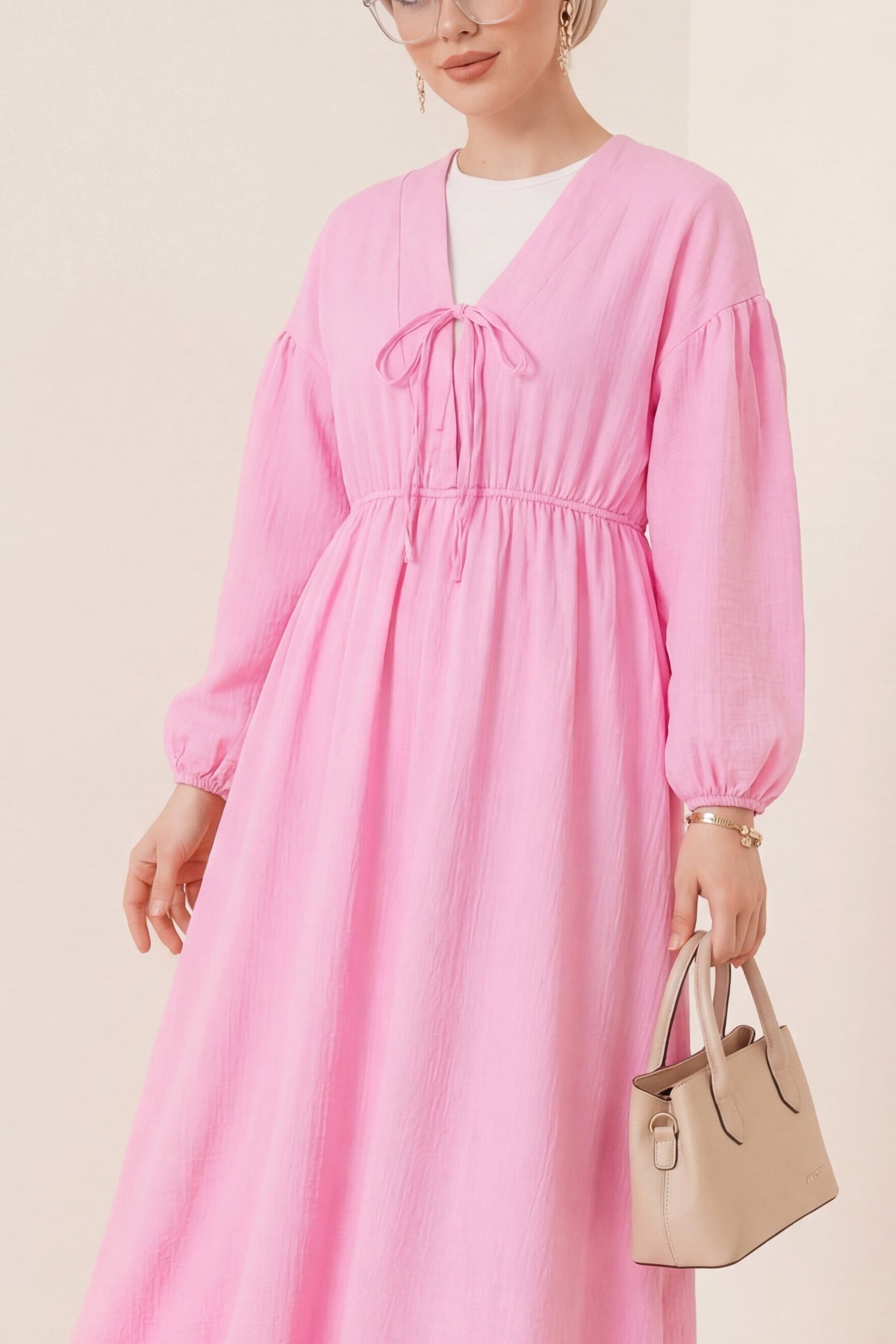 Yakası Bağlamalı Kolu Ve Beli Lastikli Müslin Elbise -Pembe