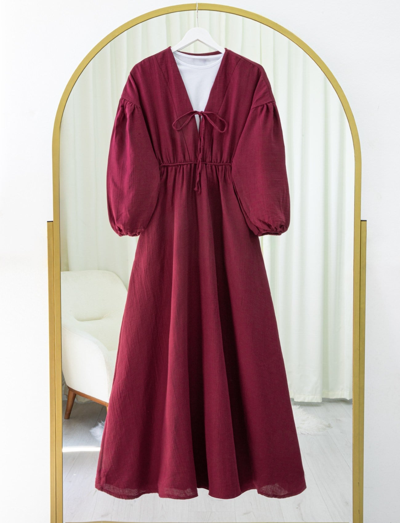 Yakası Bağlamalı Kolu Ve Beli Lastikli Müslin Elbise -Bordo