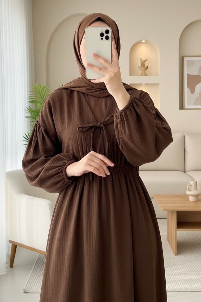 Yakası Bağlamalı Kolu Ve Beli Lastikli Müslin Elbise    -Kahve