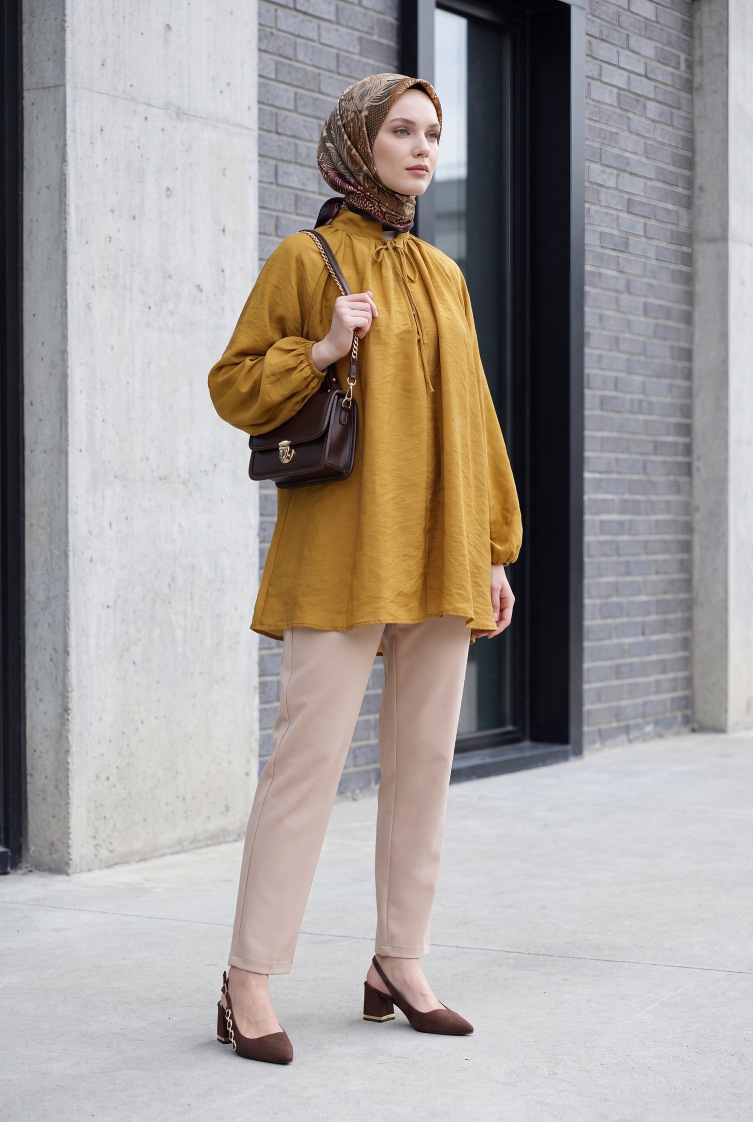 Yakası Bağlamalı Yarım Düğmeli Astarlı Oversize Tül Vual Bluz -Taba