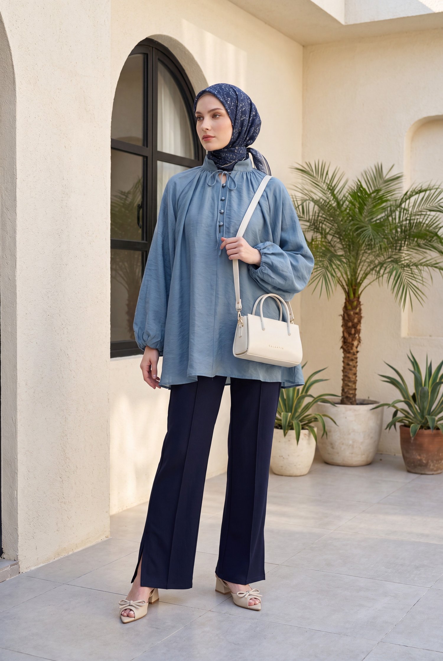 Yakası Bağlamalı Yarım Düğmeli Astarlı Oversize Tül Vual Bluz -Petrol