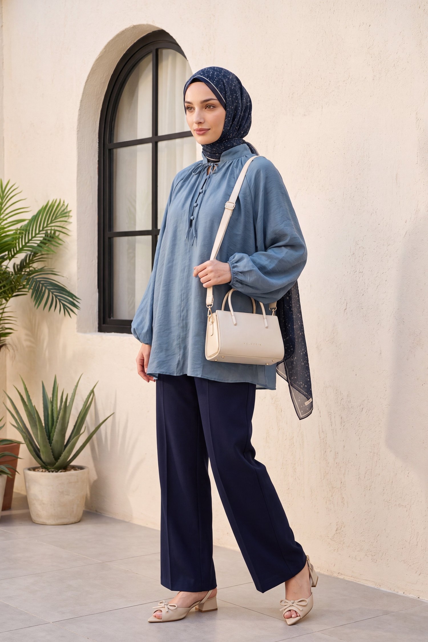 Yakası Bağlamalı Yarım Düğmeli Astarlı Oversize Tül Vual Bluz -Petrol