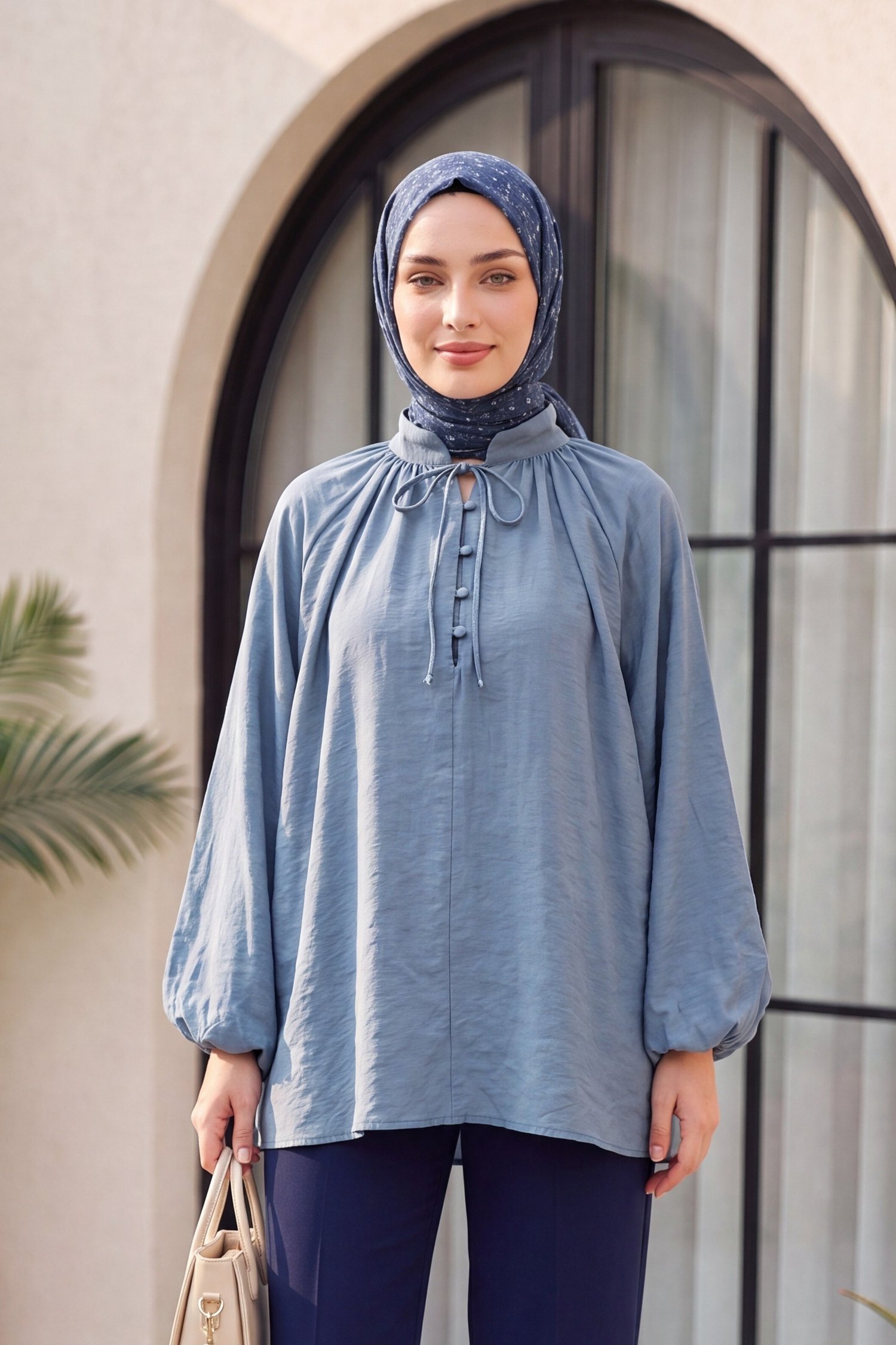 Yakası Bağlamalı Yarım Düğmeli Astarlı Oversize Tül Vual Bluz -Petrol