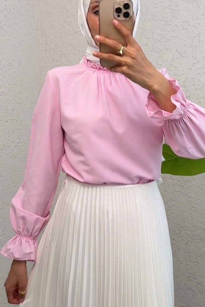 Yakası Büzgülü Bluz     -Pembe