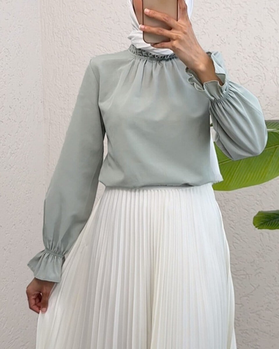 Yakası Büzgülü Bluz    -Su Yeşili