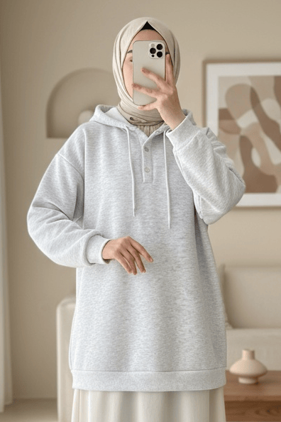 Yakası Çıtçıtlı Kapşonlu Şardonlu Üç İplik Sweat -Açık Gri