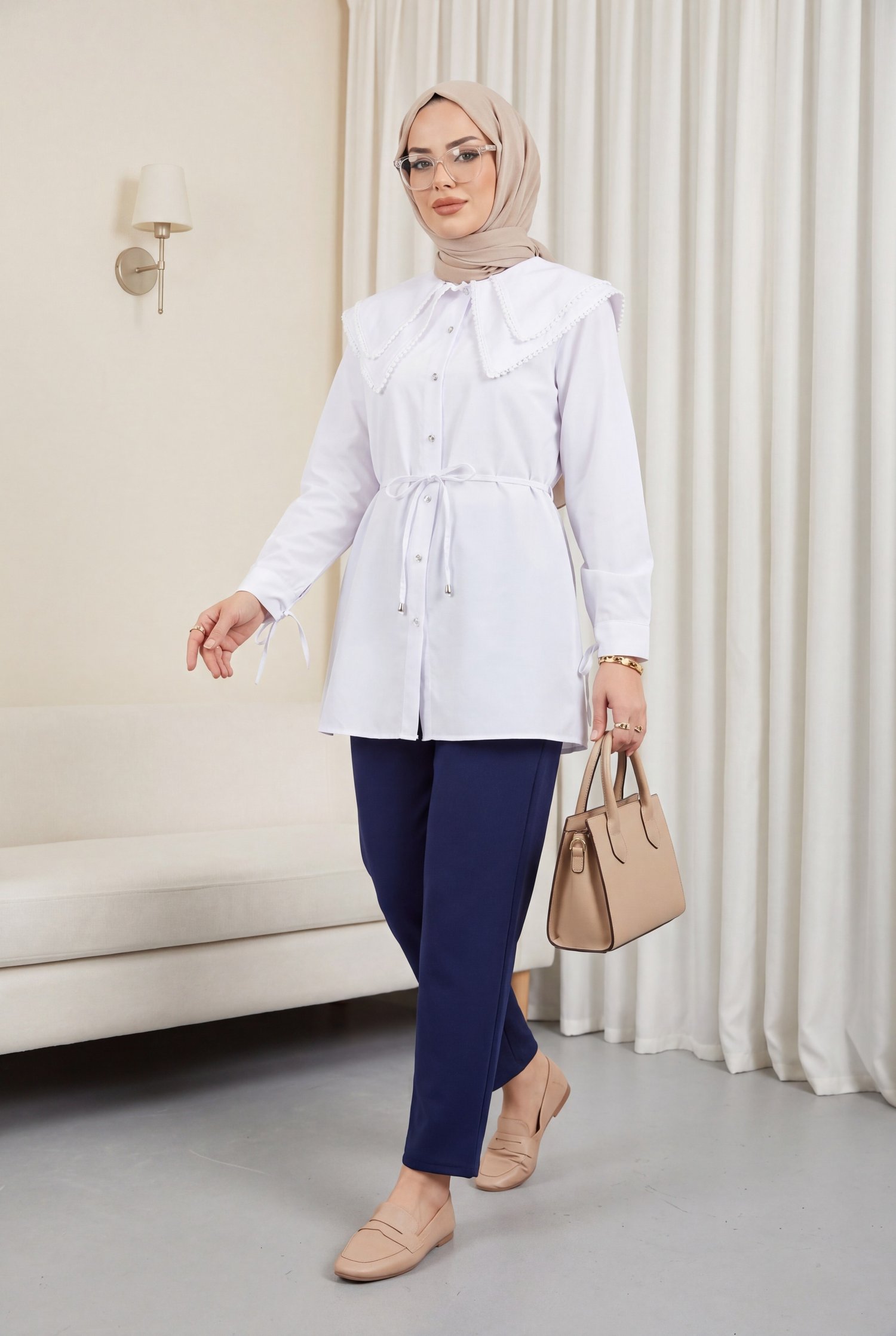 Yakası Dantelli Beli Ve Kolu Bağcıklı Poplin Tunik  -Beyaz