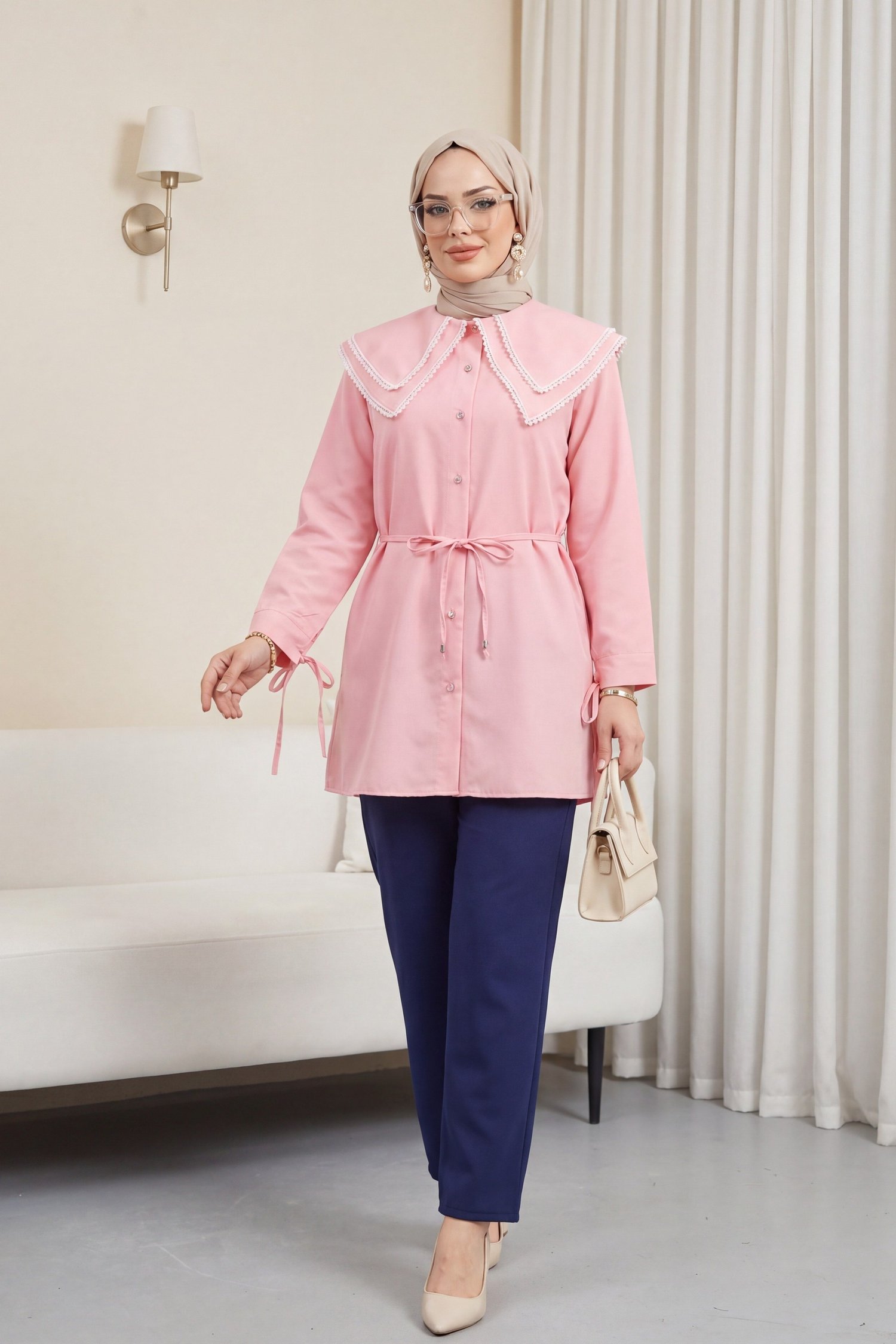 Yakası Dantelli Beli Ve Kolu Bağcıklı Poplin Tunik  -Pembe