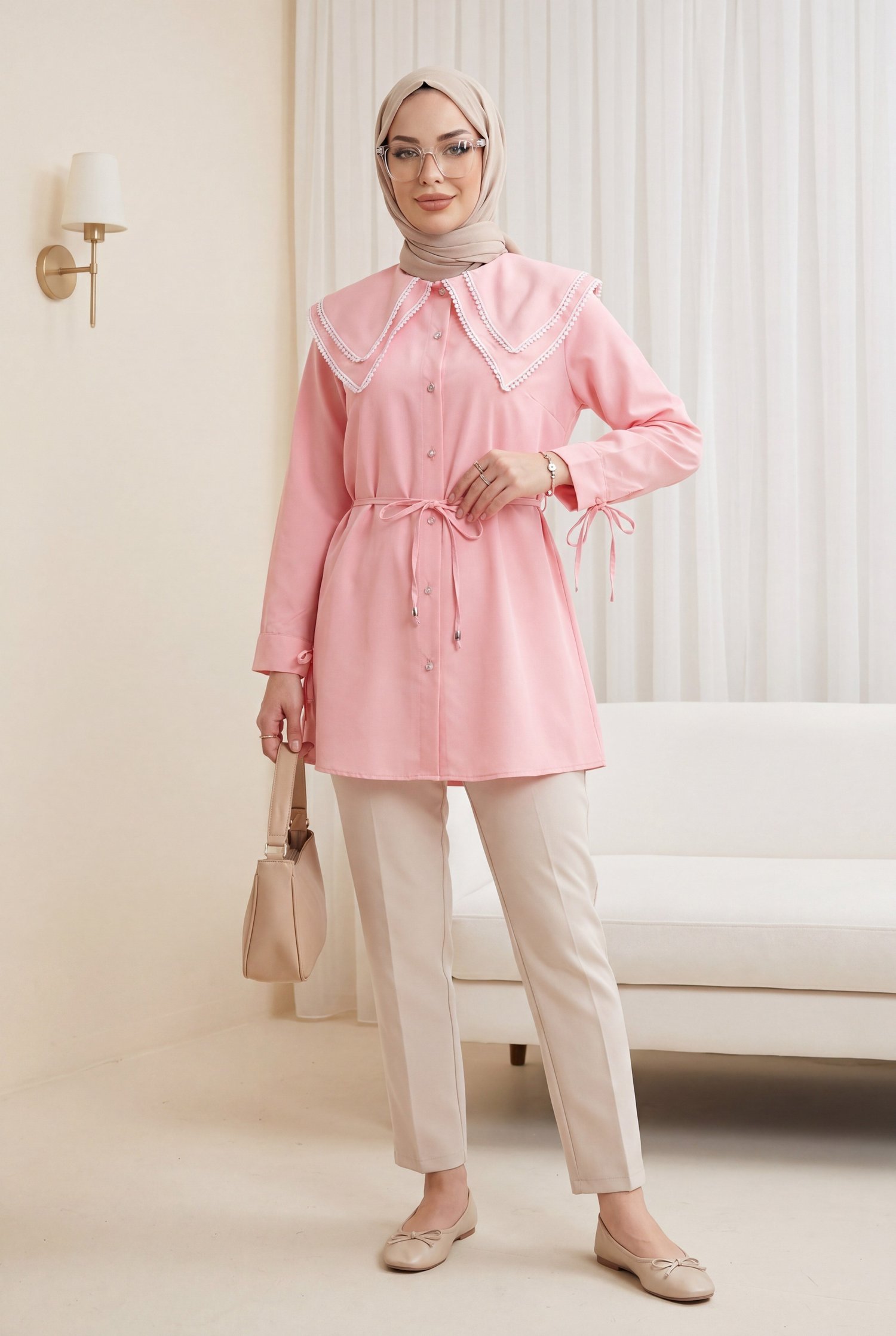 Yakası Dantelli Beli Ve Kolu Bağcıklı Poplin Tunik  -Pembe