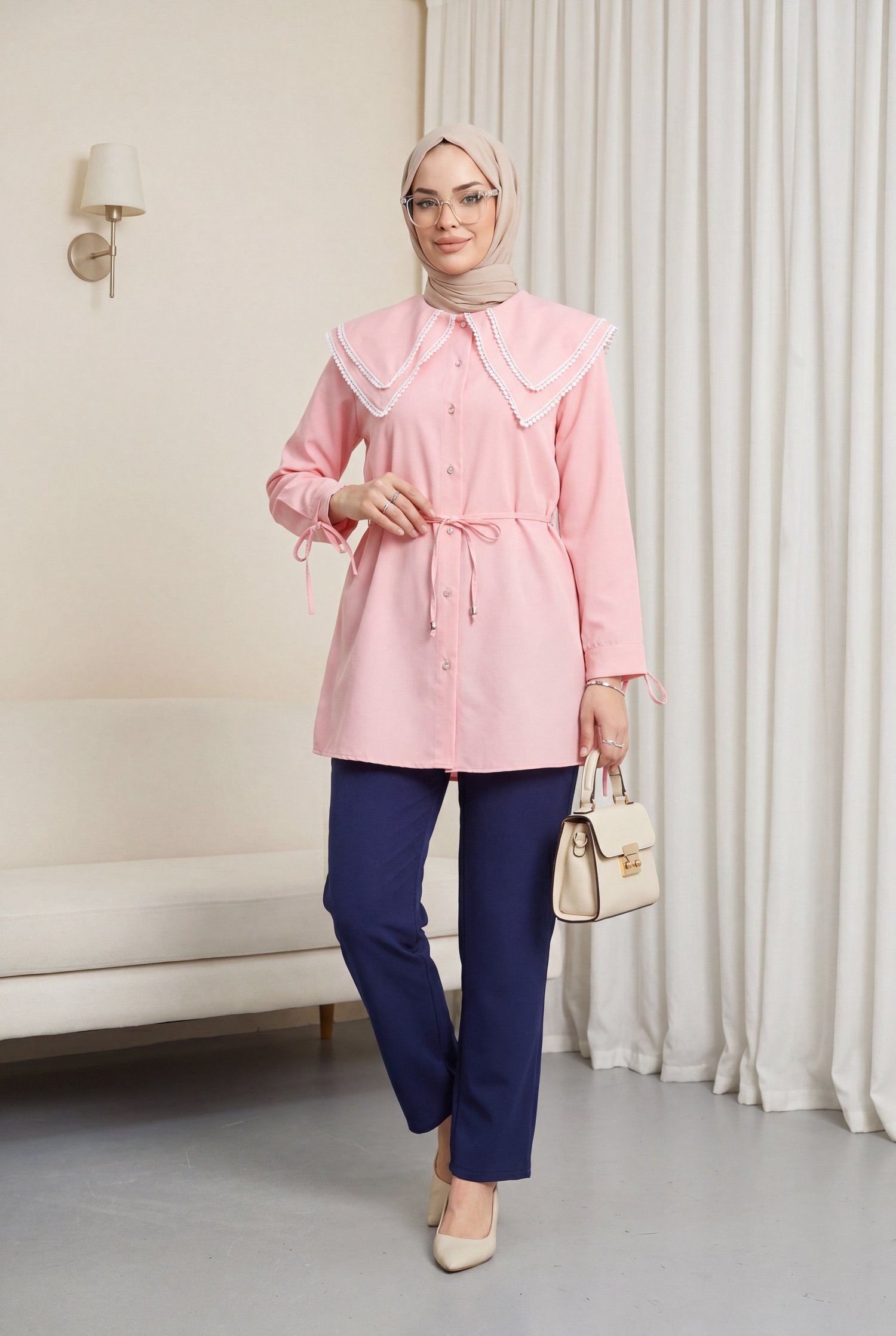 Yakası Dantelli Beli Ve Kolu Bağcıklı Poplin Tunik  -Pembe