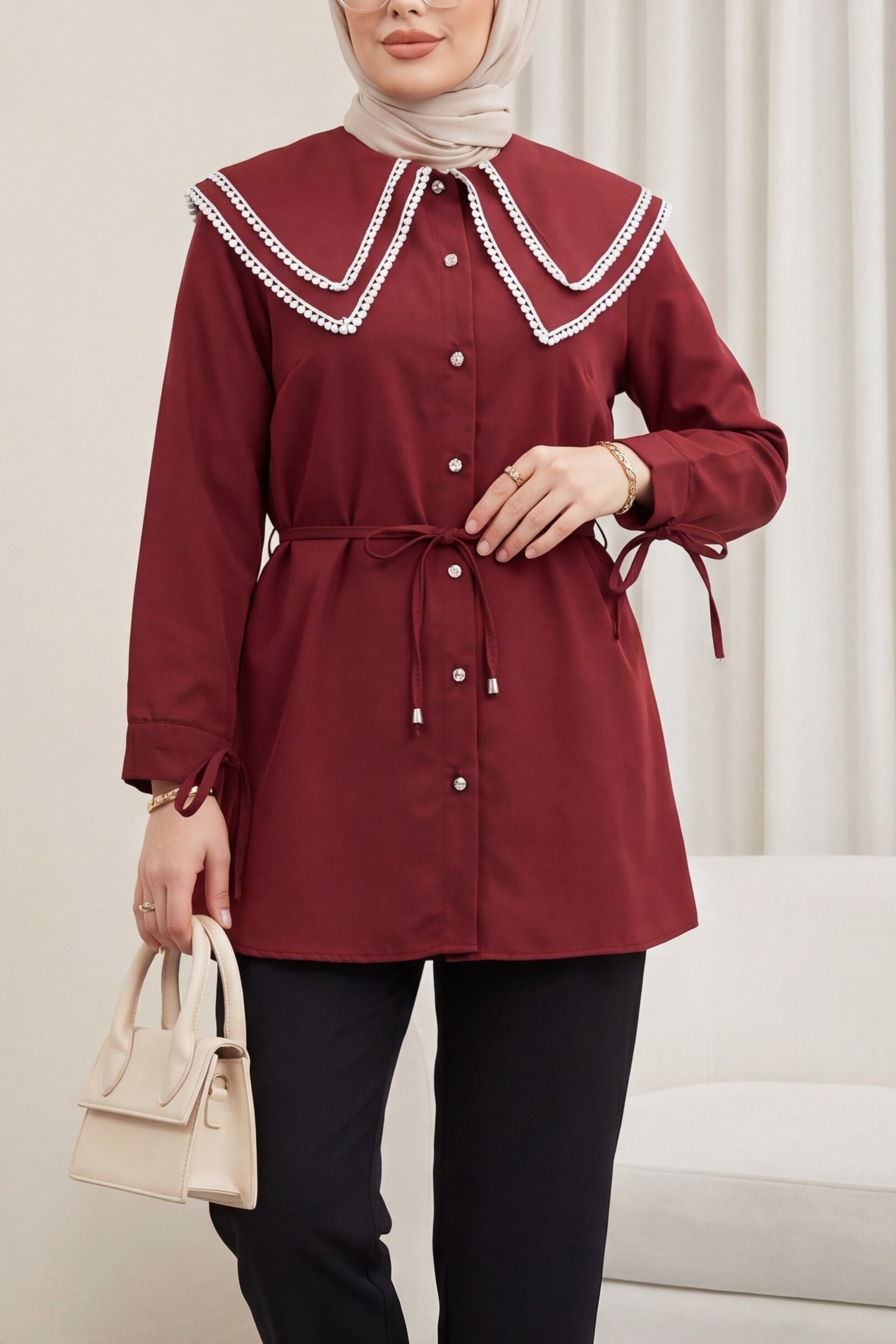 Yakası Dantelli Beli Ve Kolu Bağcıklı Poplin Tunik  -Bordo