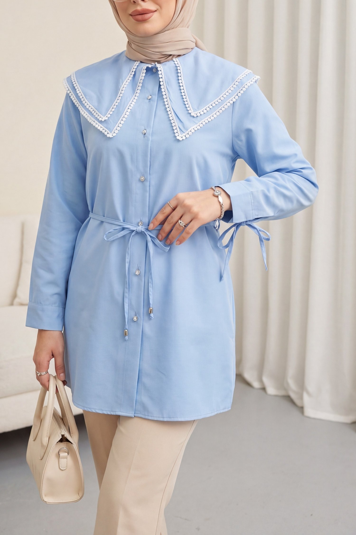 Yakası Dantelli Beli Ve Kolu Bağcıklı Poplin Tunik  -Açık Mavi