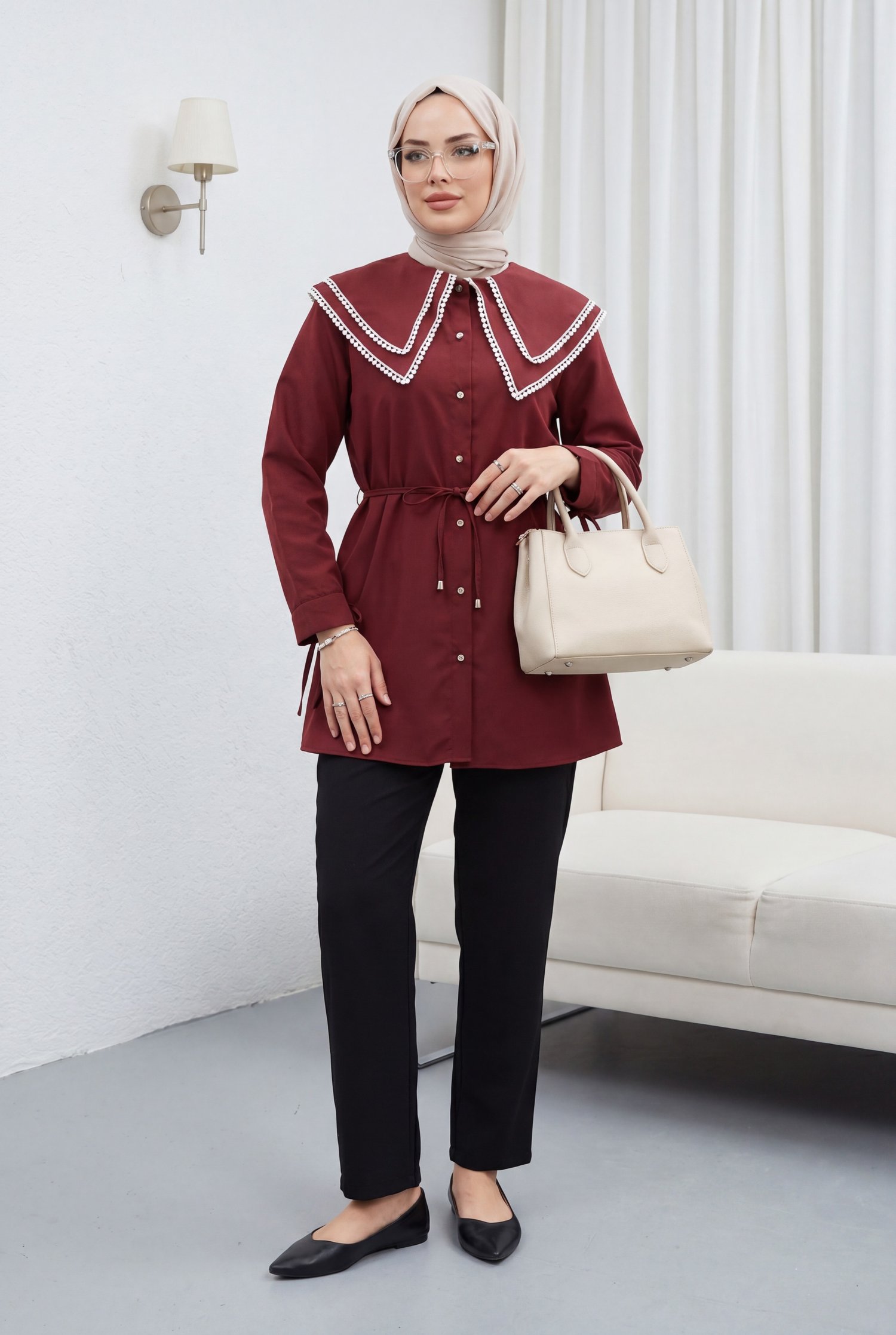 Yakası Dantelli Beli Ve Kolu Bağcıklı Poplin Tunik  -Bordo