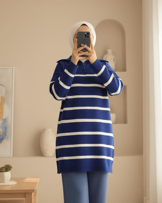Yakası Fermuarlı Çizgili Triko Tunik -Saks