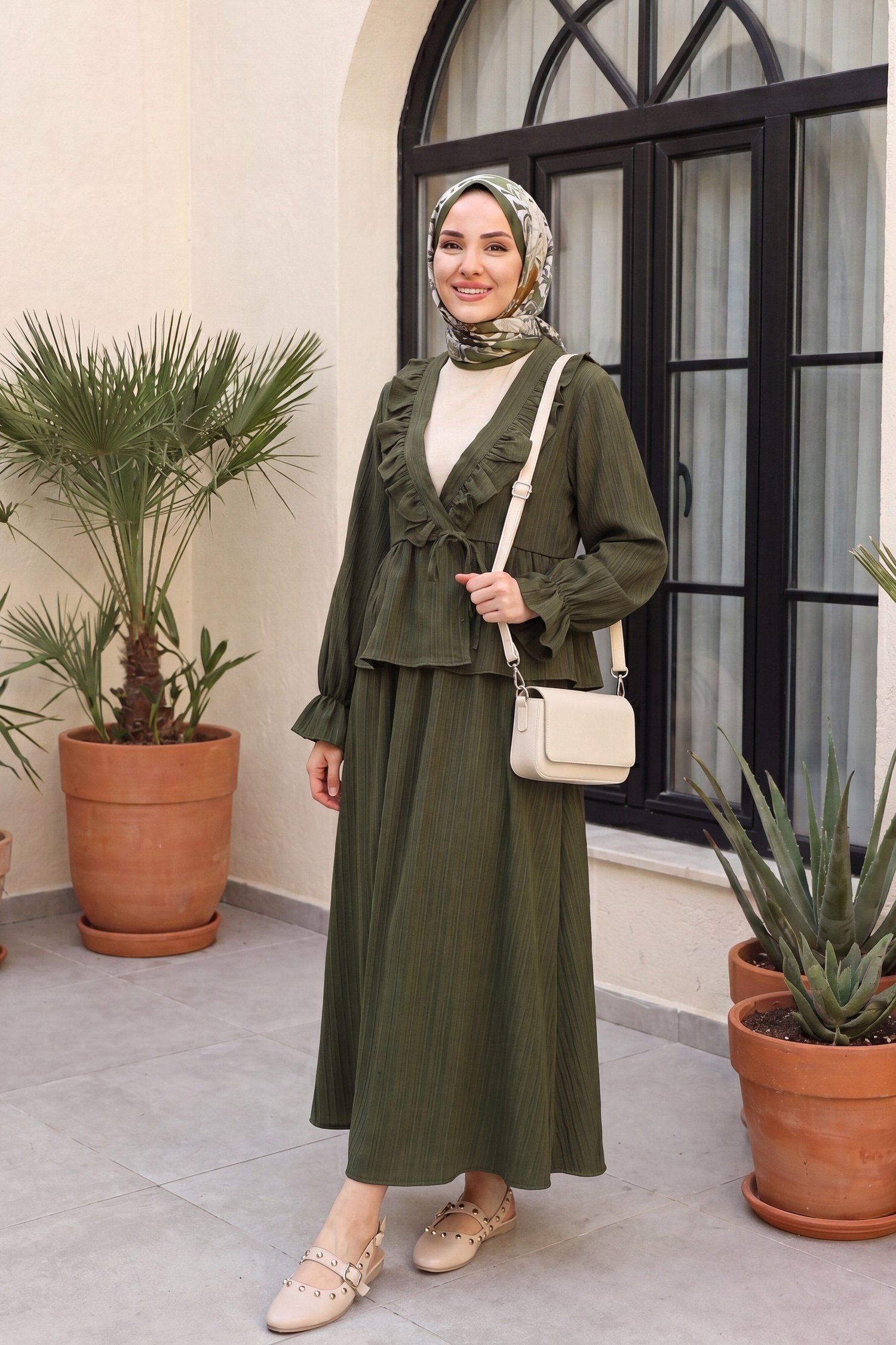 Yakası Fırfırlı Önü Bağlamalı Etekli Kimono Takım   -Haki