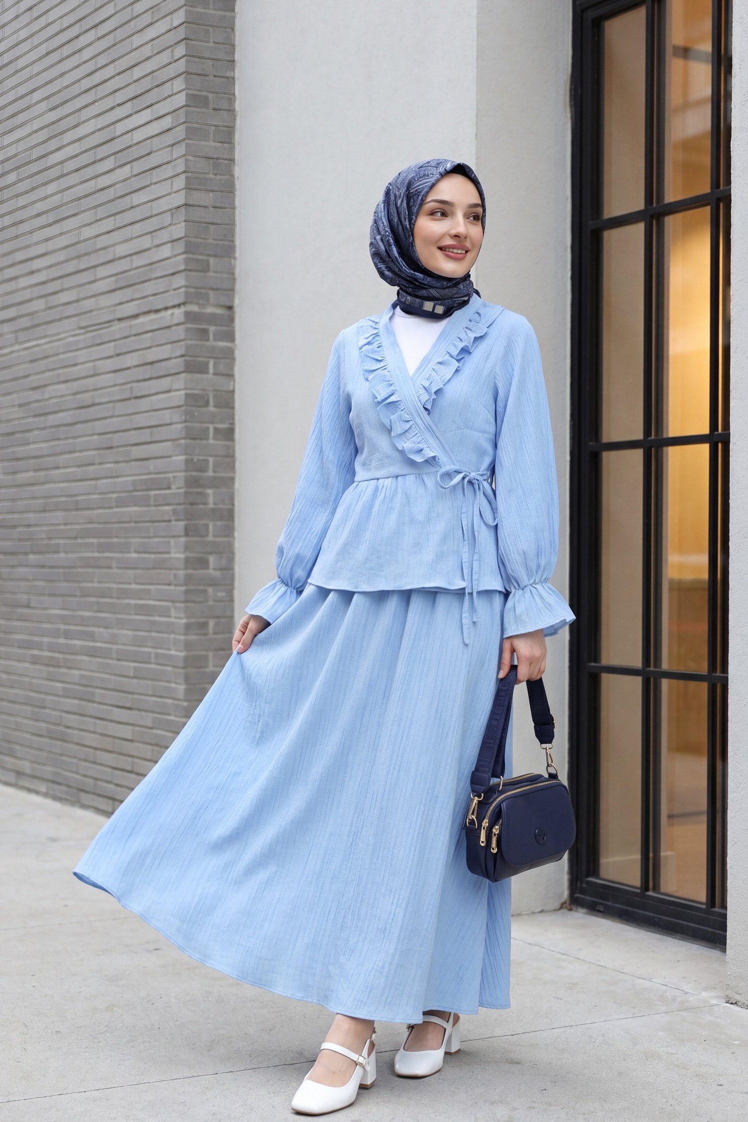 Yakası Fırfırlı Önü Bağlamalı Etekli Kimono Takım  -Bebe Mavi