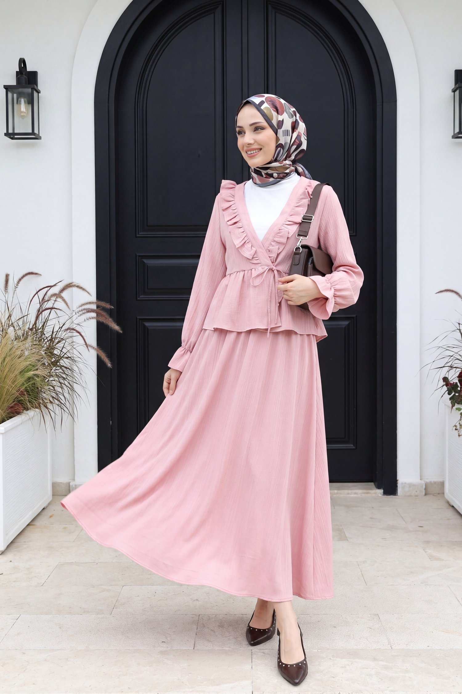 Yakası Fırfırlı Önü Bağlamalı Etekli Kimono Takım   -Pembe