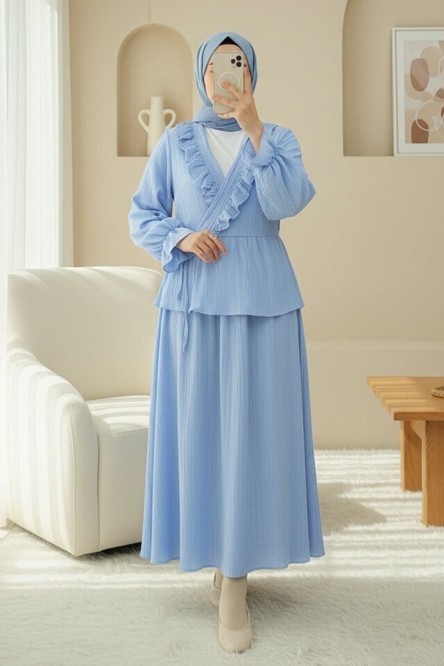 Yakası Fırfırlı Önü Bağlamalı Etekli Kimono Takım  -Bebe Mavi